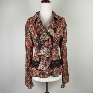 Vintage SLB M Blouse Long Sleeve Button Dark Floral Fairy Romantic 90s Ruffle